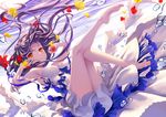  air_bubble armpits bare_shoulders barefoot black_hair breasts bubble commentary_request dress long_hair medium_breasts ne-on orange_eyes original petals solo submerged underwater white_dress 