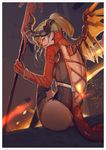  adapted_costume alternate_costume ass blonde_hair bodysuit border brown_background brown_legwear commentary dark_persona debris demon_horns demon_tail devil_mercy earrings embers from_behind glowing high_collar high_ponytail highres holding holding_staff horns jewelry looking_at_viewer looking_back mechanical_wings melvin_lam mercy_(overwatch) orange_eyes orange_wings overwatch red_bodysuit sideways_glance signature sitting sitting_on_wall smile solo staff tail thighhighs white_border wings 
