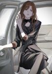  1girl absurdres alternate_hairstyle asymmetrical_pants belt black_belt black_coat black_shirt breasts brown_hair brown_nails car_door car_interior cleavage coat collarbone commentary_request detached_pants film_grain hand_up highres higuchi_madoka idolmaster idolmaster_shiny_colors long_hair mole mole_under_eye nail_polish open_mouth purple_eyes shirt sleeves_past_elbows solo sushizanmai_(sorahaaoi7) 