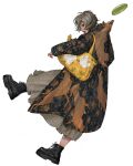  1girl animal animal_print bag black_footwear boots dog dog_print dress floral_print frisbee from_side full_body grey_hair long_dress looking_back open_mouth original print_dress profile short_hair simple_background solo tahra white_background yellow_bag 