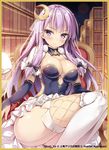  alternate_costume bangs blush book bookshelf bow breasts bridal_gauntlets capelet cleavage commentary_request crescent crescent_hair_ornament dress exe_(xe) garter_straps hair_bow hair_ornament lamp large_breasts looking_at_viewer no_hat no_headwear patchouli_knowledge purple_eyes purple_hair sitting sleeveless sleeveless_dress smile solo thighhighs touhou white_legwear 