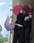  blush bracelet brown_fur canine clothing dog eyewear fox french_kissing fur glasses green_eyes jacket jewelry kissing kitsunepurin male male/male mammal pants public purple_fur red_fur suit teenager tongue tongue_out young 