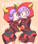  blush eromame fake_horns gloves hood hoodie horned_headwear kagari_(pokemon) looking_at_viewer multiple_girls open_mouth pokemon pokemon_(game) pokemon_oras purple_eyes purple_hair ribbed_sweater short_hair sweater team_magma uniform 