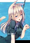  :3 animal_ears blonde_hair blue_eyes cat_ears cat_tail clenched_hand cropped_jacket eyebrows_visible_through_hair hair_between_eyes kantai_collection long_hair military military_uniform motion_lines no_hat no_headwear open_mouth paw_pose short_sleeves solo suishin_tenra tail u-511_(kantai_collection) uniform 
