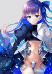  armor arms_at_sides artist_name bangs blue_eyes blue_hair blue_ribbon blush brown_hair closed_mouth commentary_request crotch_plate eyebrows_visible_through_hair fate/extra fate/extra_ccc fate_(series) gradient_hair grey_background groin hair_ribbon highres juliet_sleeves light_particles long_hair long_sleeves meltlilith multicolored_hair navel nonono puffy_sleeves purple_hair revealing_clothes ribbon simple_background sleeves_past_wrists smile solo stomach thigh_gap tsurime very_long_hair waist_cape 