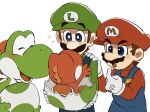  2boys animal_ears blue_eyes blue_overalls brown_hair egg facial_hair gloves hat hatching highres luigi male_focus mario mario_(series) mimimi_(mimimim9999) multiple_boys mustache overalls red_yoshi shirt short_hair yoshi 