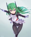  ajino_(sakanahen) bangs black_bodysuit bodysuit breasts commentary_request covered_nipples eyebrows_visible_through_hair fingerless_gloves floating_hair gloves gradient gradient_background green_hair hair_between_eyes headgear holding holding_weapon large_breasts long_hair looking_at_viewer menou_kaname original outstretched_arms purple_eyes solo standing thigh_gap weapon white_gloves 