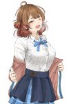  ;o ahoge blue_overskirt blue_ribbon blue_skirt breasts breath brown_hair button_gap commentary gakuen_idolmaster gatsby_ssl hanami_ume highres hot idolmaster large_breasts looking_at_viewer neck_ribbon one_eye_closed orange_hair pleated_skirt ribbon shirt shirt_tucked_in simple_background skirt sweat undressing white_background white_shirt 