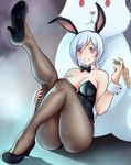  animal_ears black_bow black_leotard black_neckwear bow bowtie bunny bunny_ears bunnysuit carrot detached_collar finalcake fishnet_pantyhose fishnets leg_up leotard looking_at_viewer original pantyhose red_eyes strapless strapless_leotard white_(finalcake) white_hair wrist_cuffs 