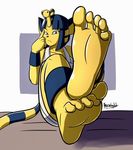  2017 5_toes animal_crossing ankha annoyed anthro barefoot blue_hair cat egyptian feet feline foot_focus hair hi_res howsplendid mammal nintendo toes video_games 