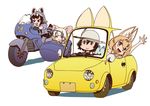  animal_ears black_hair blonde_hair bow bowtie car commentary_request common_raccoon_(kemono_friends) fennec_(kemono_friends) fox_ears gloves ground_vehicle hat hat_feather helmet kaban_(kemono_friends) kemono_friends lucky_beast_(kemono_friends) motor_vehicle motorcycle multicolored_hair multiple_girls open_mouth pith_helmet raccoon_ears raccoon_tail serval_(kemono_friends) serval_ears serval_print serval_tail short_hair short_sleeves sidecar simple_background skirt tail tibonobannsann white_background 