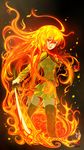  absurdres black_background black_legwear embers fiery_hair from_behind green_serafuku green_shirt green_skirt hair_between_eyes highres holding holding_sword holding_weapon long_hair long_sleeves looking_back orange_hair parted_lips school_uniform serafuku shakugan_no_shana shana shirt signature skirt solo sword tete_(amakuchichiyoko) thighhighs very_long_hair weapon 