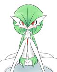  1girl blush gardevoir green_hair knees_together_feet_apart legs looking_at_viewer neichii no_pussy pokemon presenting red_eyes short_hair simple_background sitting solo white_background 