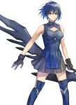  1girl bangs bare_shoulders black_gloves black_skirt blue_dress blue_eyes blue_hair blue_legwear breasts ciel_(tsukihime) cleavage_cutout closed_mouth clothing_cutout commentary_request dress floating_hair flyby64 gloves hair_between_eyes highres holding holding_sword holding_weapon looking_at_viewer medium_breasts miniskirt pleated_skirt powerd_ciel serious short_hair simple_background skirt sleeveless sleeveless_dress solo sword thighhighs tsukihime tsukihime_(remake) weapon white_background 