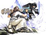  2boys black_coat_(kingdom_hearts) boots brown_hair chest_strap dark-skinned_male dark_skin dual_wielding english_commentary fighting from_behind holding hood hood_up jumping keyblade kingdom_hearts kingdom_hearts_birth_by_sleep male_focus multiple_boys multiple_persona on_one_knee pants short_hair snoozaga spiked_hair terra-xehanort terra_(kingdom_hearts) white_background white_hair yellow_eyes 