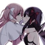  akemi_homura akuma_homura arms_around_neck bad_id bad_twitter_id black_hair commentary crying crying_with_eyes_open eyebrows_visible_through_hair from_side hair_ribbon hairband highres kaname_madoka long_hair looking_at_another mahou_shoujo_madoka_magica mahou_shoujo_madoka_magica_movie misteor multiple_girls pink_hair purple_eyes red_hairband ribbon tears two_side_up ultimate_madoka white_background white_ribbon yellow_eyes yuri 