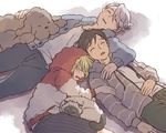  black_hair blonde_hair cat closed_eyes dog hood hoodie jewelry katsuki_yuuri lying makkachin male_focus multiple_boys on_back on_side open_mouth puma_tiger_scorpion ring shorts silver_hair sleeping snowchild viktor_nikiforov yuri!!!_on_ice yuri_plisetsky 