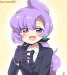  :d ahoge black_gloves black_jacket black_neckwear black_ribbon blazer blush commentary_request eromame gloves hair_ribbon jacket lila_(pokemon) long_hair long_sleeves low_ponytail necktie open_mouth pokemon pokemon_(game) pokemon_sm purple_eyes purple_hair ribbon smile solo twitter_username upper_body 