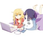  ahoge animal_pillow barefoot blanket blonde_hair blue_eyes computer downblouse friends gabriel_dropout hair_down hair_ornament hairclip highres jacket jitome kuro_neko_(artist) laptop legs_up looking_at_another lying mouse_(computer) mousepad_(object) multiple_girls on_stomach pajamas panda pillow pillow_hug purple_eyes purple_hair short_hair tenma_gabriel_white track_jacket tsukinose_vignette_april 