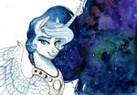  blue_eyes blue_hair cosmic_hair earthsong9405 equine feathers feral friendship_is_magic hair horn mammal my_little_pony princess_luna_(mlp) simple_background smile solo wgite_hair white_background white_feathers winged_unicorn wings 