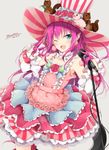  bare_shoulders blue_eyes blush detached_sleeves dragon_tail dress earrings elizabeth_bathory_(fate) elizabeth_bathory_(fate)_(all) eyebrows_visible_through_hair fate/extra fate/extra_ccc fate_(series) flower frilled_dress frills hat holding holding_microphone idol jewelry long_hair looking_at_viewer microphone multicolored multicolored_clothes multicolored_dress multicolored_hat one_eye_closed open_mouth pink_hair pink_hat pointy_ears rose shiina_kuro simple_background solo stuffed_animal stuffed_toy tail 
