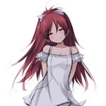  absurdres alternate_costume arms_behind_back bad_id bad_twitter_id bare_shoulders blush breasts casual closed_eyes commentary dress hair_ribbon head_tilt high_ponytail highres long_hair mahou_shoujo_madoka_magica misteor ponytail red_hair ribbon sakura_kyouko sketch small_breasts smile solo white_background white_dress white_ribbon 