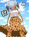  black_hair blush bow bowtie breasts commentary_request cosplay elbow_gloves eyebrows_visible_through_hair gloves grey_hair kemono_friends low_ponytail multicolored_hair nuka_cola06 partial_commentary serval_(kemono_friends) serval_(kemono_friends)_(cosplay) serval_print shirt shoebill_(kemono_friends) short_hair side_ponytail skirt sleeveless solo spoken_blush yellow_eyes 