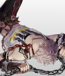  1boy black_gloves black_pants chain closed_mouth ensemble_stars! fingerless_gloves gloves highres holding holding_chain iuew lock lying male_focus ogami_koga on_back pants short_hair simple_background solo tank_top white_background white_hair white_tank_top yellow_eyes 