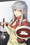  apron belt black_belt borscht_(food) bowel breasts cleavage commentary_request cooking food gangut_(kantai_collection) hair_between_eyes hair_flaps hair_ornament hairclip highres kantai_collection kitchen ladle large_breasts long_hair looking_at_viewer open_clothes open_mouth open_shirt orange_eyes pallad pot red_shirt scar shiny shiny_hair shirt silver_hair solo tile_wall tiles 