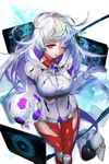  ;) artist_request ball gem glayde gloves headwear_removed helmet helmet_removed highres holographic_interface hood hood_down long_hair looking_at_viewer monitor official_art one_eye_closed parted_lips purple_eyes red_legwear smile soccer_ball soccer_spirits solo standing transparent_background white_gloves white_hair zipper 