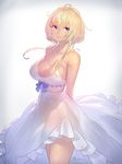  arm_behind_back bangs bare_arms bare_shoulders blonde_hair blue_eyes breasts cleavage collarbone dress feet_out_of_frame highres large_breasts light_smile looking_at_viewer nadare-san_(nadare3nwm) no_bra original ribbon_trim see-through shiny shiny_skin short_hair short_hair_with_long_locks sideboob sidelocks signature sleeveless sleeveless_dress solo spaghetti_strap standing sundress thighs white_background white_dress 