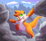  2017 anthro climbing digital_media_(artwork) dragon eyelashes featureless_crotch female green_eyes green_sclera low_res mataknight mountain orange_scales outta_sync pixel_(artwork) rock scales slightly_chubby solo tongue tongue_out 