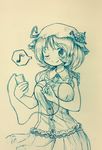  aki_minoriko arinu blush breasts commentary earphones food fruit hair_ornament hat highres large_breasts monochrome one_eye_closed short_hair sketch smile solo touhou traditional_media walkman 