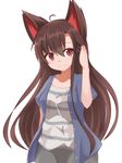  ahoge alternate_costume animal_ears ao_(aoblueao) breasts brown_hair collarbone contemporary hand_in_hair highres imaizumi_kagerou jacket jewelry long_hair looking_at_viewer medium_breasts open_clothes open_jacket red_eyes ring simple_background solo touhou white_background wolf_ears 