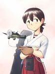  aircraft airplane bad_id bad_pixiv_id black_hair brown_eyes cowboy_shot flight_deck folded_ponytail gloves hakama japanese_clothes kantai_collection kasuga_maru_(kantai_collection) oda_masaki_(b-minor) partly_fingerless_gloves red_hakama short_hair short_sleeves simple_background solo twitter_username white_background yugake 