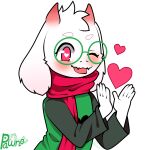 1:1 absurd_res anthro blush bovid caprine clothing deltarune eyewear fur glasses goat green_eyewear green_glasses hands_out happy heart_eyes heart_symbol hi_res horn long_ears looking_at_viewer male mammal one_eye_closed open_mouth open_smile pawnoart pink_scarf ralsei robe scarf simple_background smile solo undertale_(series) white_body white_fur wink