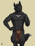  2016 5_fingers abs anthro black_fur black_nose bulge canine claws clothing eyebrows front_view fur grin hair loincloth male mammal multicolored_fur muscular muscular_male nipples pose rov smile solo teeth two_tone_fur white_fur wolf yellow_eyes 