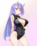  ajino_(sakanahen) arms_behind_back bangs bare_legs bare_shoulders black_leotard blush breasts closed_mouth commentary_request covered_navel covered_nipples cowboy_shot eyebrows_visible_through_hair front_zipper_swimsuit gradient gradient_background horns large_breasts legs_apart leotard long_hair looking_at_viewer meme_attire nail_polish one-piece_swimsuit oni_horns original purple_hair red_eyes solo standing straight_hair swimsuit unzipped zipper 
