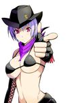  ayane_(doa) bangs bare_shoulders black_bikini_top black_gloves blush breasts closed_mouth commentary_request cowboy_hat dead_or_alive elbow_gloves finger_gun fingerless_gloves foreshortening gloves hat konishiki_(52siki) large_breasts looking_at_viewer navel pointing pointing_at_viewer purple_eyes purple_hair purple_scarf scarf short_hair smile solo stomach upper_body 