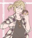  blonde_hair braid collared_shirt doughnut eyewear_hang eyewear_removed food food_on_face green_eyes jewelry male_focus plaid plaid_shirt ponytail ring shirt smile snowchild sunglasses yuri!!!_on_ice yuri_plisetsky 