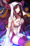  absurdres breasts cleavage detached_sleeves facial_mark fate/extra fate/extra_ccc fate_(series) forehead_mark hair_in_mouth highres horn_ring horns large_breasts long_hair looking_to_the_side multicolored_hair navel paperfinger planet sesshouin_kiara sideboob sitting solo tattoo thighhighs two-tone_hair veil yellow_eyes zettai_ryouiki 
