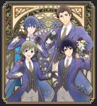  4boys ahoge amamine_shu black_gloves black_necktie blue_eyes blue_hair braid brown_hair closed_mouth collared_shirt flower formal gloves green_hair grey_pants hair_between_eyes holding holding_flower idolmaster idolmaster_side-m long_sleeves looking_at_viewer male_focus multiple_boys necktie official_art open_mouth pants purple_eyes shingen_seiji shirt short_hair smile star_(symbol) striped_clothes striped_shirt taiga_takeru teeth undershirt upper_teeth_only uzuki_makio white_shirt 