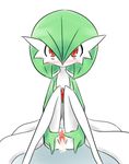  1girl aftersex blush cum cum_in_pussy gardevoir green_hair knees_together_feet_apart legs looking_at_viewer neichii pokemon presenting pussy red_eyes short_hair simple_background sitting solo spread_pussy urethra white_background 