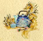  2008 ambiguous_gender blue_eyes dragon duo eastern_dragon feral flower heather_bruton plant teacup teapot 