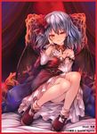  alternate_costume bare_legs bare_shoulders bat_wings blush bobby_socks border bow commentary_request dress flower hair_bow hair_flower hair_ornament hand_on_own_chest hand_on_own_face looking_at_viewer no_hat no_headwear red_border red_eyes remilia_scarlet shoes short_hair silver_hair sitting smirk socks solo touhou tousen tsurime wings 