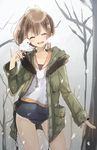  :d ^_^ animal bird blush breath brown_hair chibirisu closed_eyes coat commentary_request covered_navel day facing_viewer hair_ribbon highres i-401_(kantai_collection) kantai_collection legs_apart open_clothes open_mouth outdoors ponytail ribbon school_swimsuit school_uniform serafuku smile snowing solo standing swimsuit swimsuit_under_clothes tree winter 