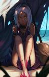  bangs bare_shoulders barefoot beach crossed_ankles dappled_sunlight detached_sleeves koyorin licking_lips looking_at_viewer multicolored_hair original paint_splatter parted_bangs short_hair sitting solo sunlight tongue tongue_out two-tone_hair white_hair yellow_eyes 