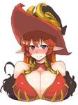  absurdres bare_shoulders black_eyes blush breasts cleavage cleavage_cutout closed_mouth dungeon_and_fighter hat heart heart-shaped_pupils highres huge_breasts looking_at_viewer nose_blush pointy_ears red_hair sni solo symbol-shaped_pupils transcendent_nornil upper_body white_background witch_hat 