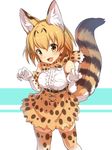  animal_ears bangs bow bowtie commentary_request cowboy_shot cross-laced_clothes elbow_gloves extra_ears fang fur_collar gloves high-waist_skirt highres ikomochi kemono_friends looking_at_viewer miniskirt open_mouth paw_pose serval_(kemono_friends) serval_ears serval_print serval_tail shirt short_hair skirt sleeveless sleeveless_shirt smile solo standing striped_tail tail thighhighs white_background white_gloves white_shirt yellow_legwear yellow_skirt 