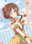  ;) arm_cuffs backless_dress backless_outfit bare_shoulders blue_sky blush breasts brown_eyes brown_hair closed_mouth cloud collarbone confetti cowboy_shot day dress dutch_angle eyebrows_visible_through_hair floral_print flower frilled_cuffs hair_flower hair_ornament halter_dress hand_up idolmaster idolmaster_cinderella_girls jiino long_hair looking_at_viewer medium_breasts one_eye_closed outdoors pink_ribbon railing ribbon sash sidelocks sky sleeveless sleeveless_dress smile solo takamori_aiko wrist_cuffs yellow_dress 
